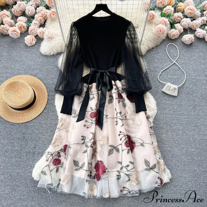 Sweet Patchwork Long Lantern Sleeves Bow Mesh Embroidery Floral High Waist A-Line Elegant Party