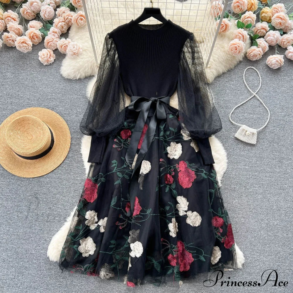 Sweet Patchwork Long Lantern Sleeves Bow Mesh Embroidery Floral High Waist A-Line Elegant Party