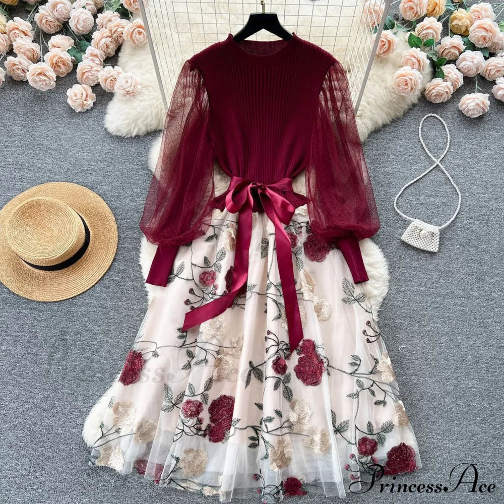 Sweet Patchwork Long Lantern Sleeves Bow Mesh Embroidery Floral High Waist A-Line Elegant Party