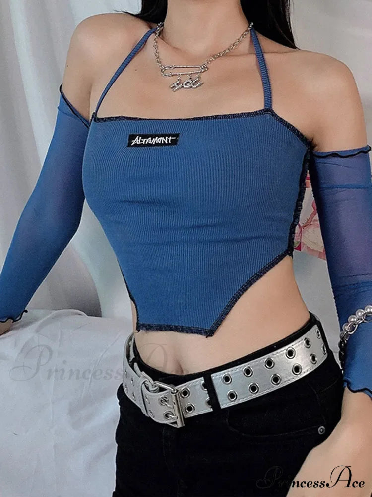 Sweet Sling Ribbing Knit Patchwork Long Sleeve Tee Crop Top