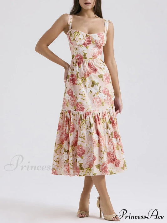 Sweet Spicy Style Charming Floral Backless Midi Dresses Pink / S