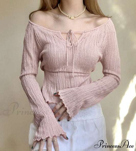 Elegant Off the shoulder V-neck lace-up shoulder-length long-sleeved sweet fungus-trimmed Long Sleeve Top, sweater Pink clothes long sleeve top top tops