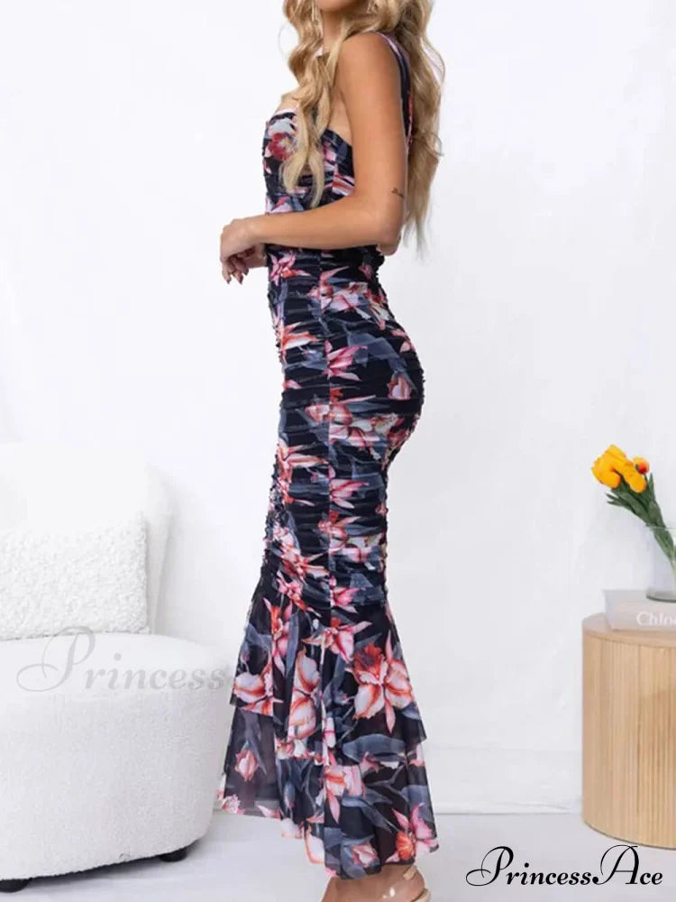 Sweetheart Neck Strap Printed Graceful Pleated Mesh Maxi Dress Dresses