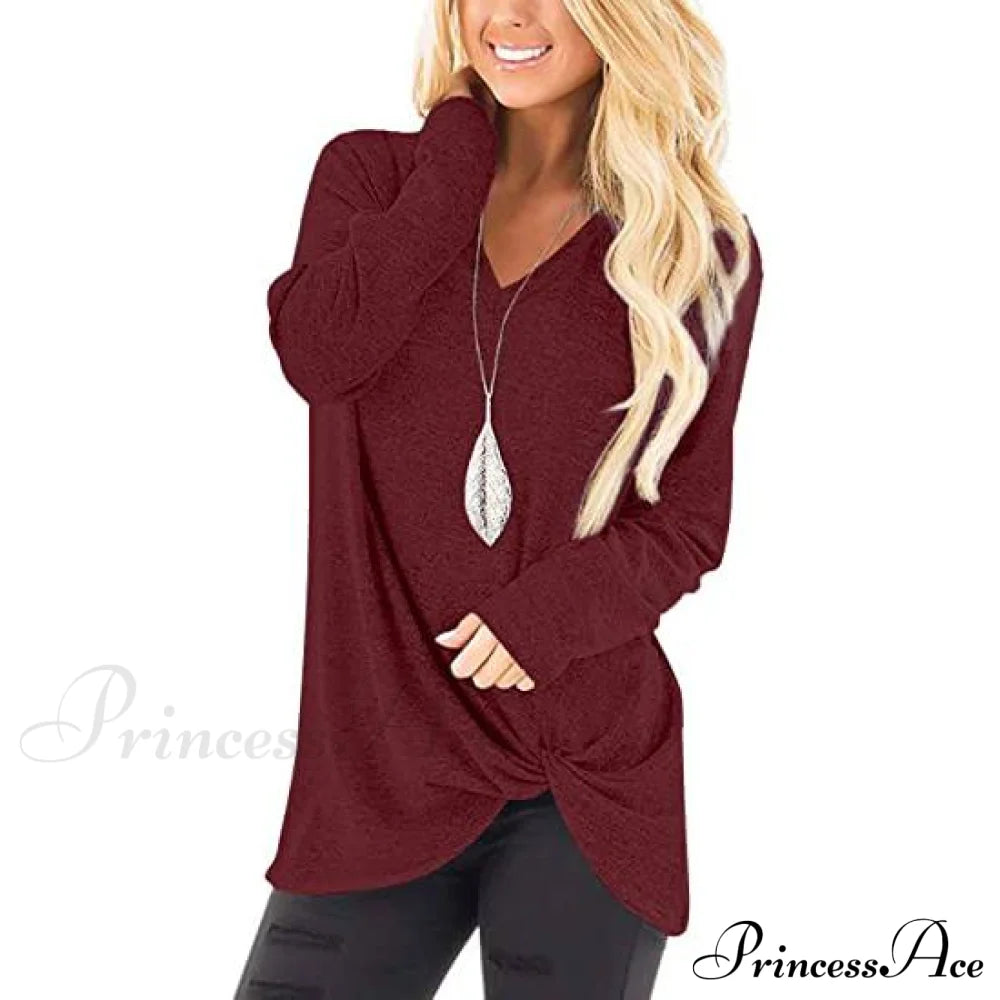 Women's Casual Long Sleeve Solid T-Shirts Burgundy clothes refund_fee:800 tops