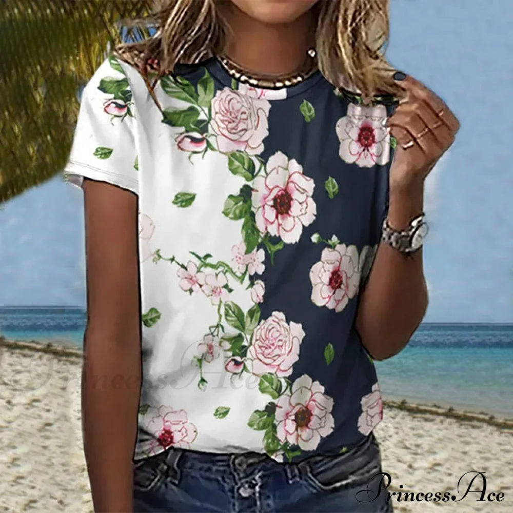 T-Shirt With Colour Design Flowered Block Blouses