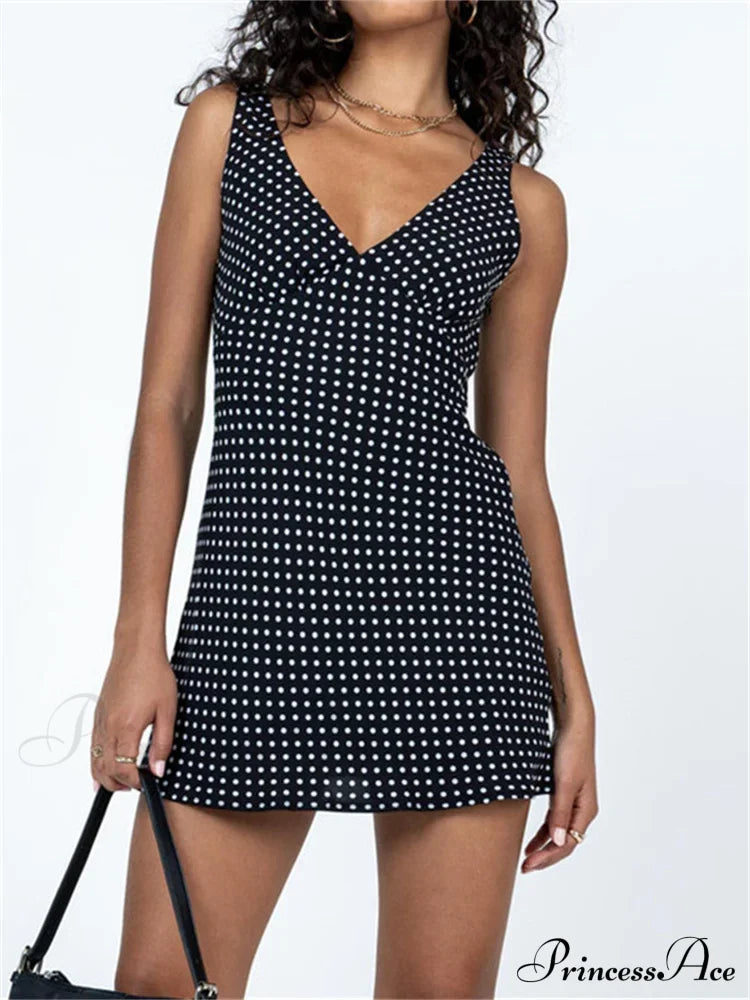 Tank Sleeveless Deep V Neck Dot Print Casual Mini Dress