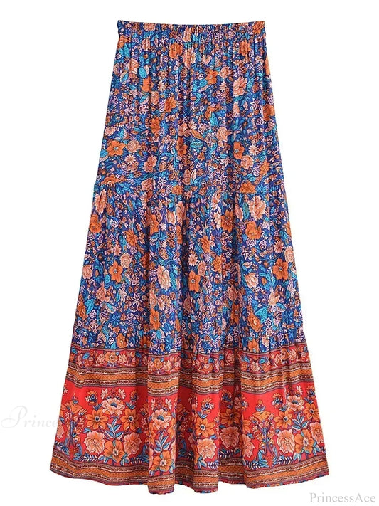 Tassel Floral Print Beach Boho Pleated Maxi Skirt Femme skirt-250126
