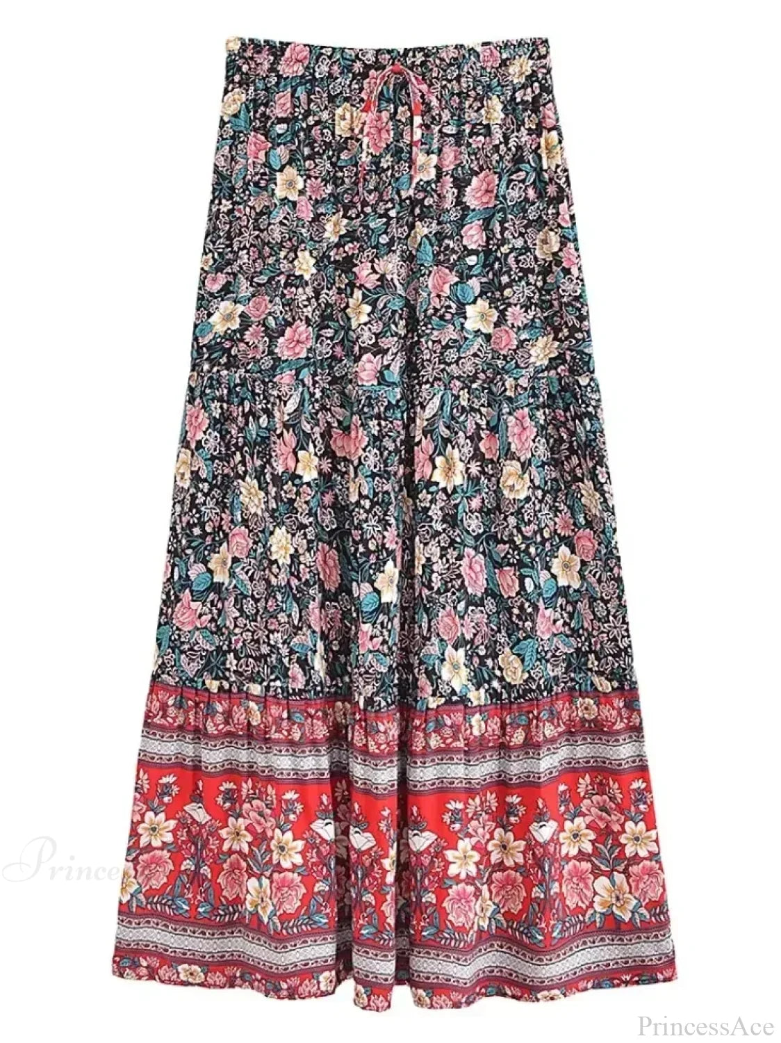 Tassel Floral Print Beach Boho Pleated Maxi Skirt Femme skirt-250126