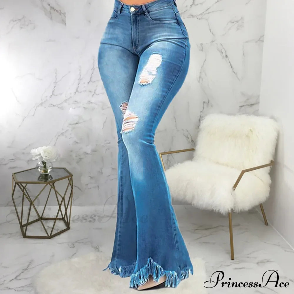 Tassel Ripped Skinny Full Length Vintage Denim Jean Light Blue / S