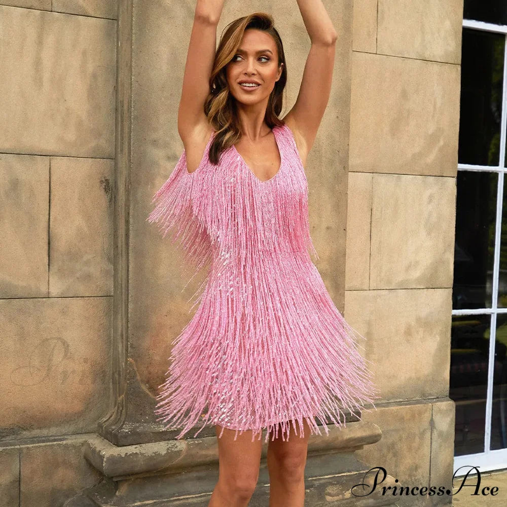 Tassel Sequins White Mini Dress Pink / S Party Dresses-L