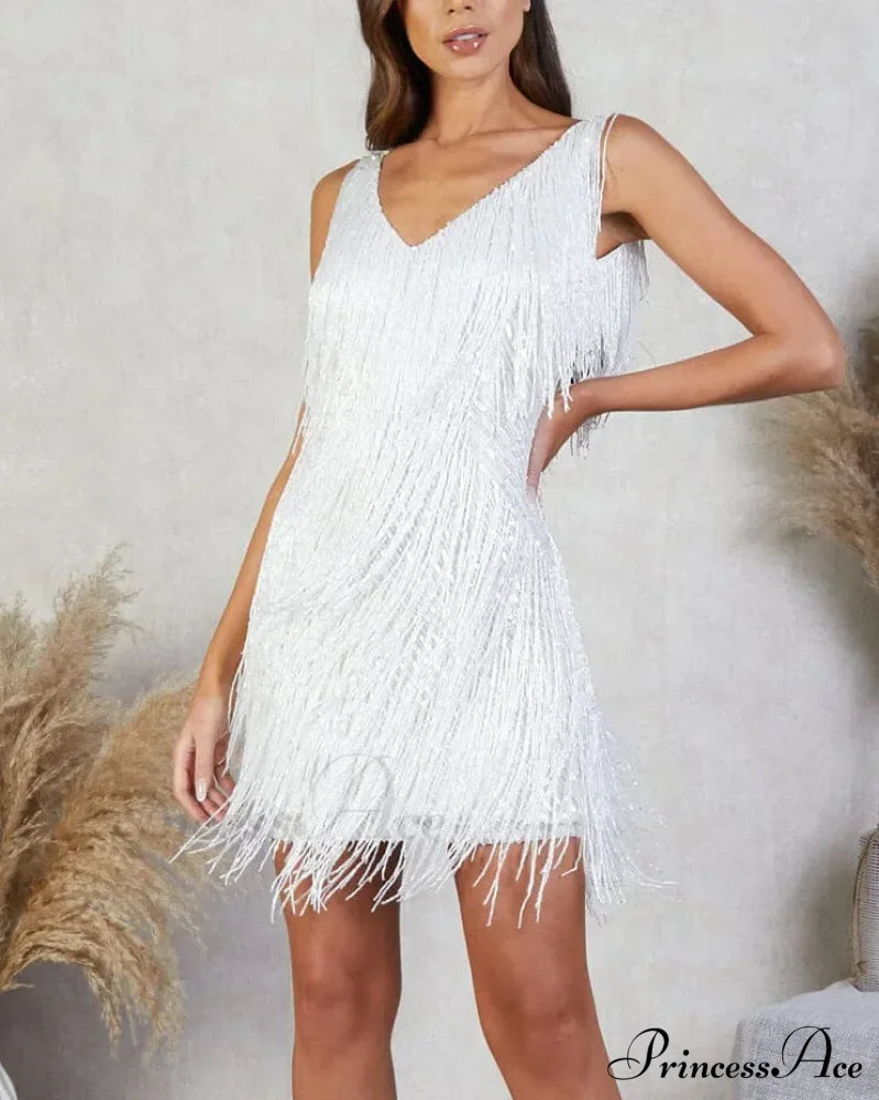 Tassel Sequins White Mini Dress / S Party Dresses-L