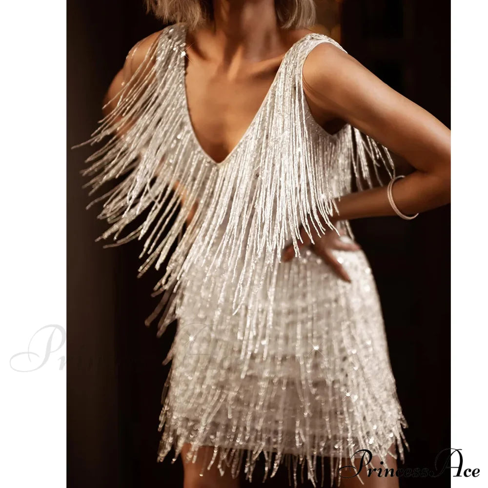 Tassel Sequins White Mini Dress Silver / S Party Dresses-L