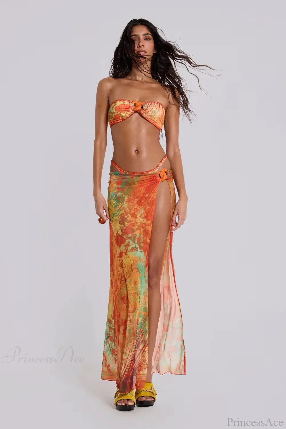 Tassel Skirt Beach Style Long Bikini Set orange / S