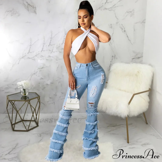 Tassel Thousand Layers Flared Design Light Blue Ripped Fashion Wide Leg Ladies Jean