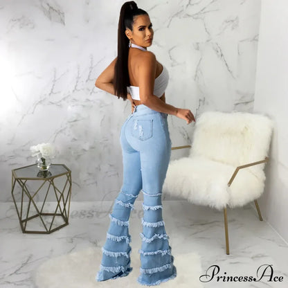 Tassel Thousand Layers Flared Design Light Blue Ripped Fashion Wide Leg Ladies Jean