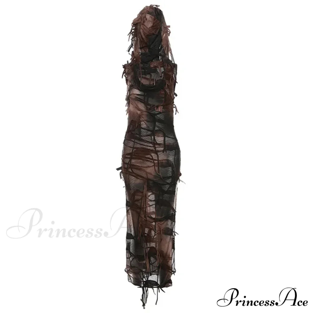 Tassel Vintage Gothic Hooded Midi Dress Fairy Grunge Y2K Sexy High Split Sleeveless Tie Dye Brown /