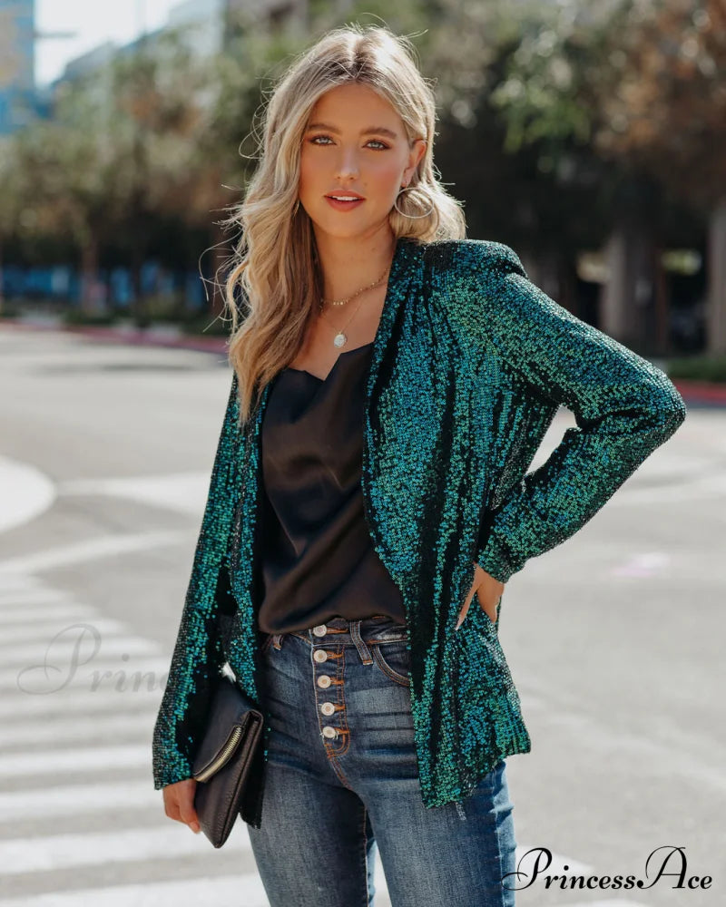 Teal Festive Flair Sequin Blazer With Pockets Coats-L