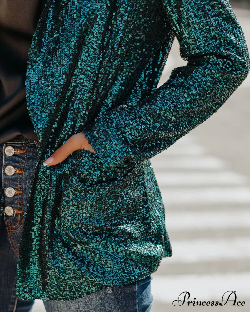 Teal Festive Flair Sequin Blazer With Pockets Coats-L