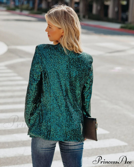 Teal Festive Flair Sequin Blazer With Pockets Coats-L