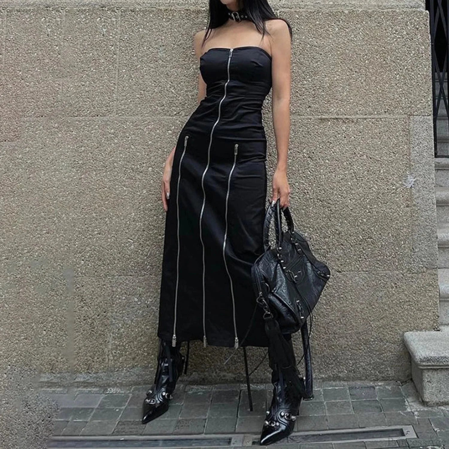 Technical Zip Up Split Ebony Midi Dress