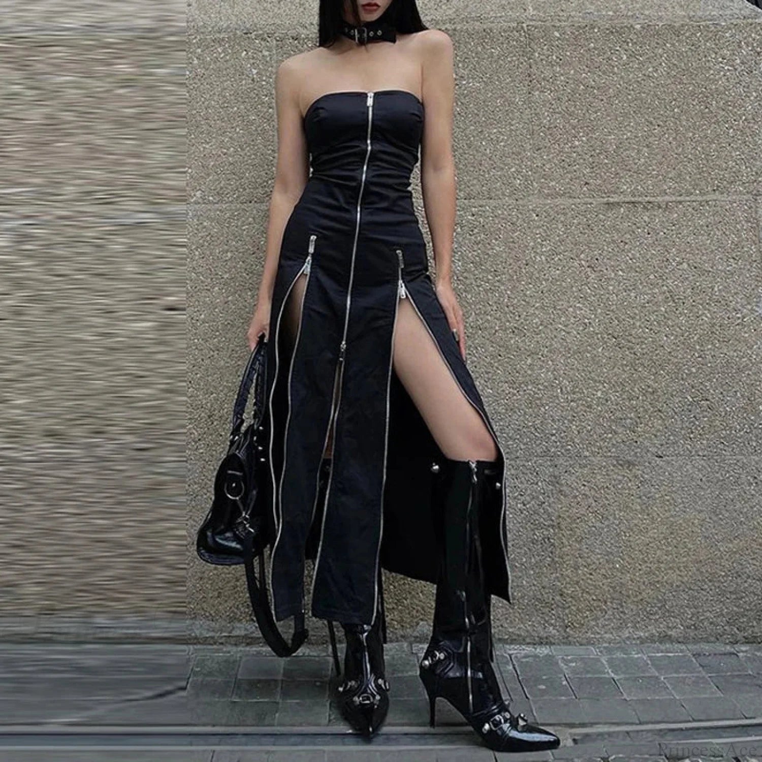 Technical Zip Up Split Ebony Midi Dress Black / S