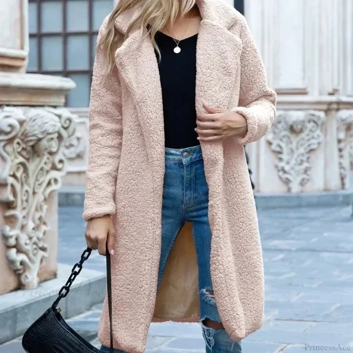 Teddy Bear Plush Turtleneck Overcoat Pink / S