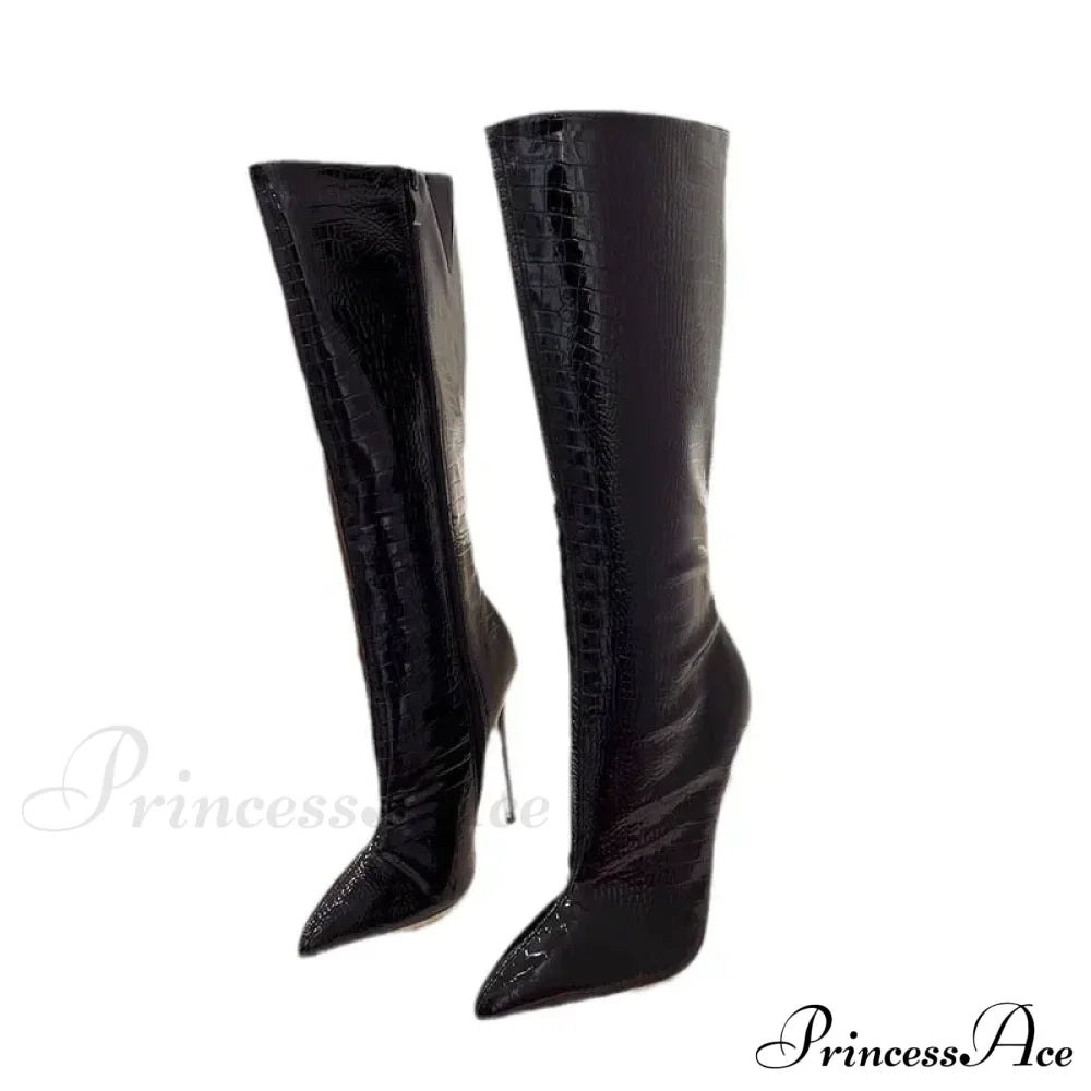 Temperament Pointed Toe 12Cm High-Heeled Long Boots Stone Pattern Knee-High Stiletto Modern Boot