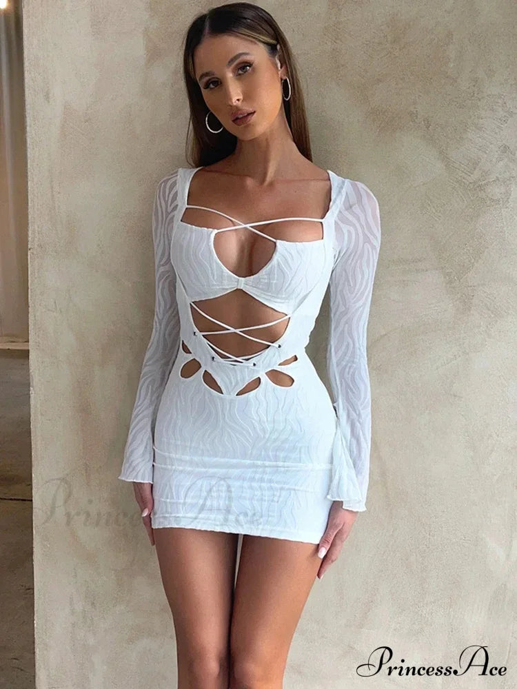 Textured Lace Up Bandage Long Sleeve Bodycon Streetwear Mini Dress