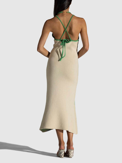 Knitted Suspender Halterneck V-Neck Graceful Backless Sexy Midi Dress