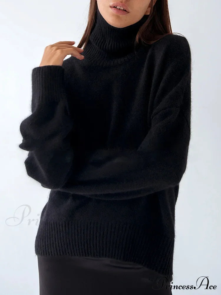 Thick Cozy Oversize Warm White High Neck Knitted Casual Comfortable Sweater Black / S Sweaters-L