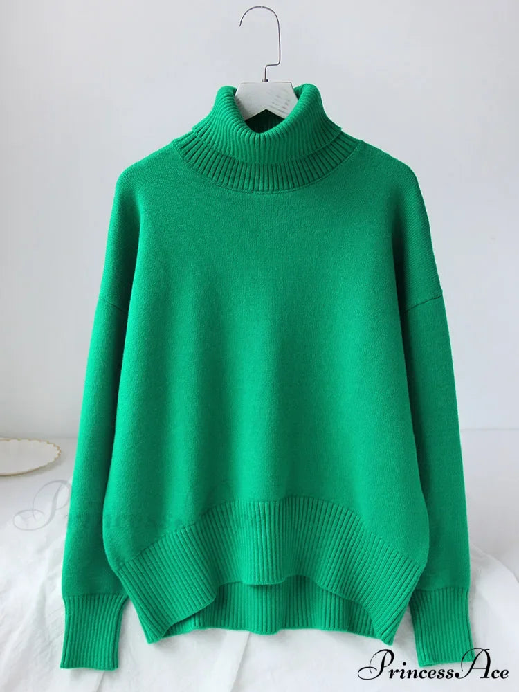 Thick Cozy Oversize Warm White High Neck Knitted Casual Comfortable Sweater Green / S Sweaters-L