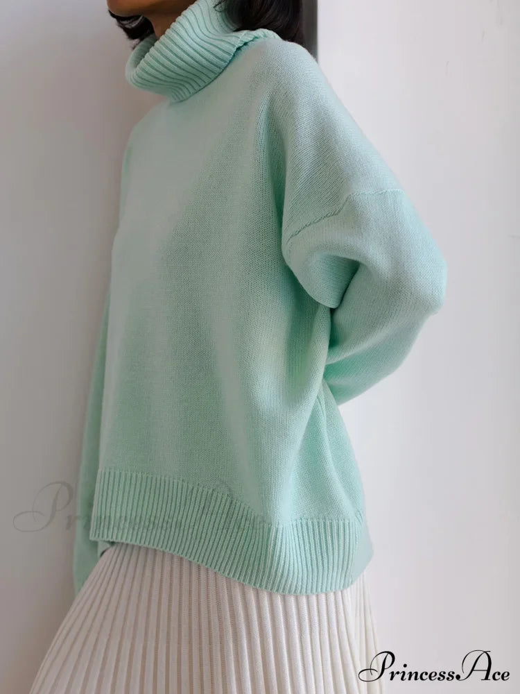 Thick Cozy Oversize Warm White High Neck Knitted Casual Comfortable Sweater Green / S Sweaters-L