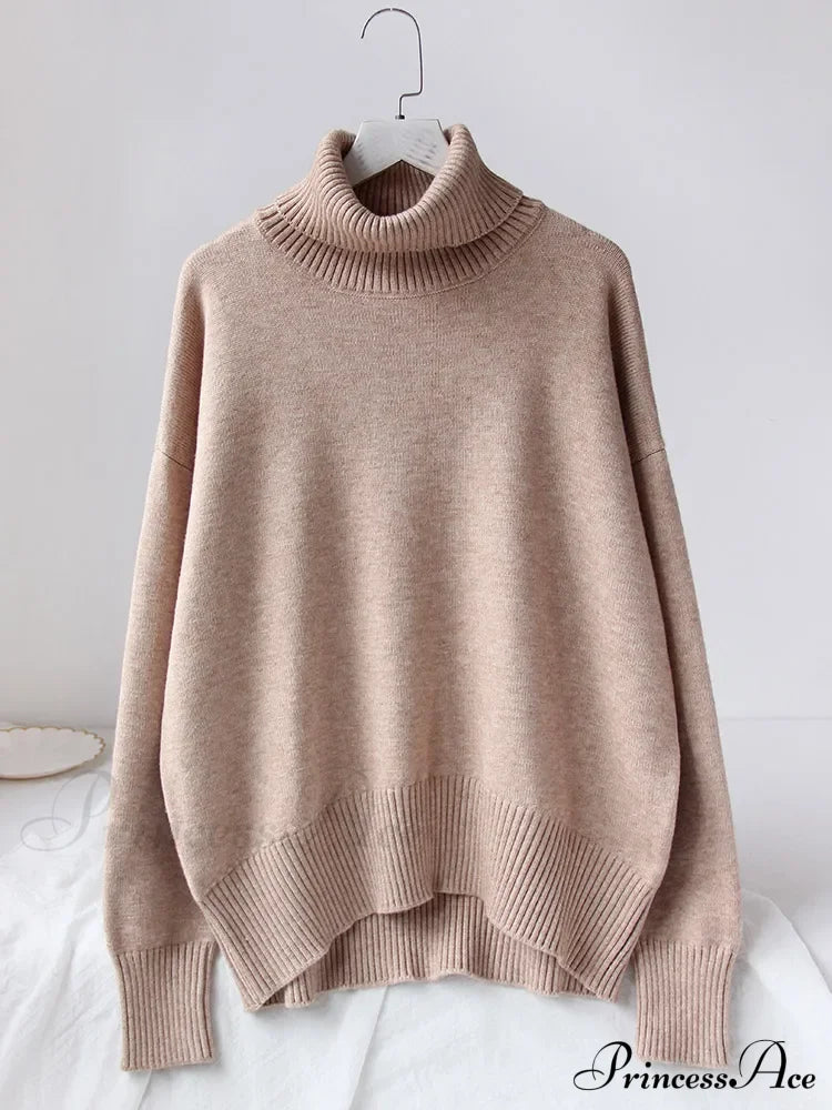 Thick Cozy Oversize Warm White High Neck Knitted Casual Comfortable Sweater Khaki / S Sweaters-L