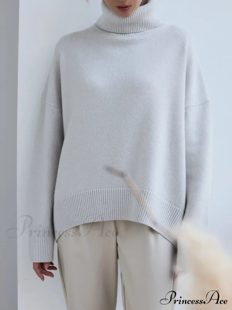 Thick Cozy Oversize Warm White High Neck Knitted Casual Comfortable Sweater Light Gray / S