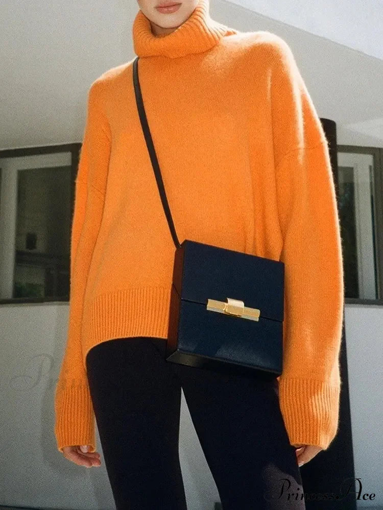 Thick Cozy Oversize Warm White High Neck Knitted Casual Comfortable Sweater Orange / S Sweaters-L