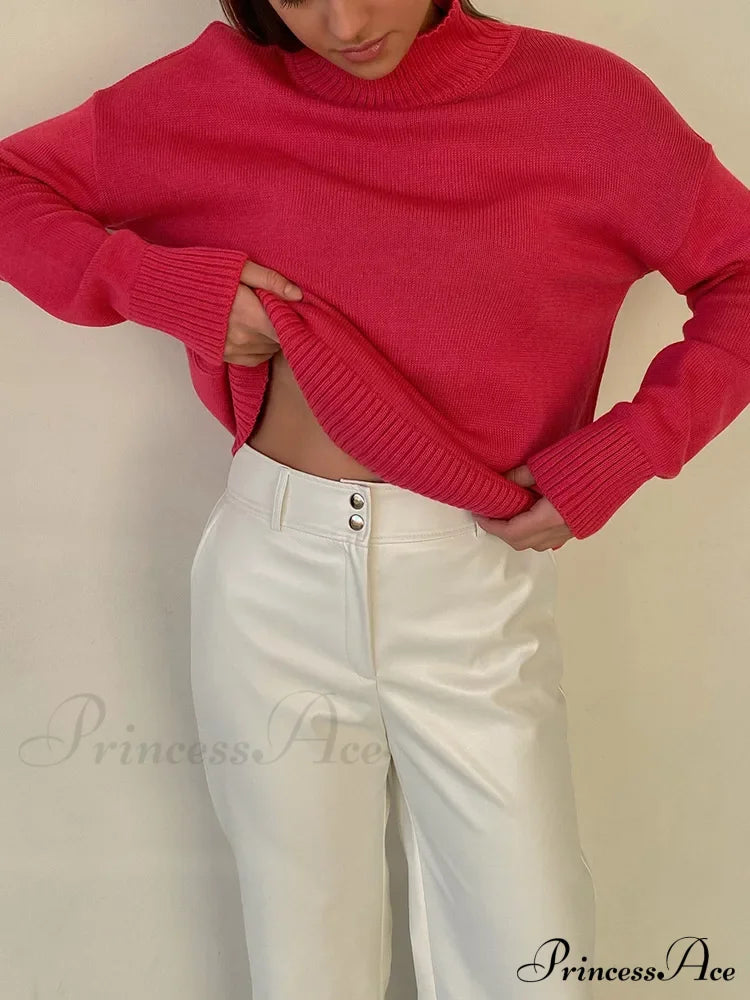 Thick Cozy Oversize Warm White High Neck Knitted Casual Comfortable Sweater Red / S Sweaters-L