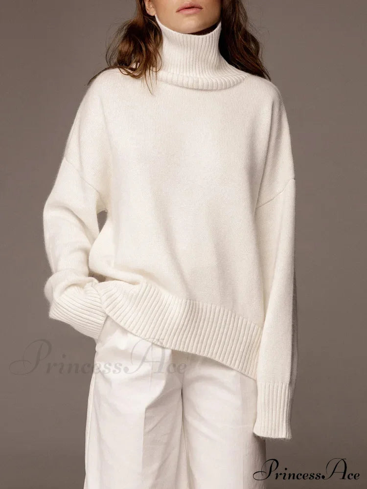 Thick Cozy Oversize Warm White High Neck Knitted Casual Comfortable Sweater White / S Sweaters-L