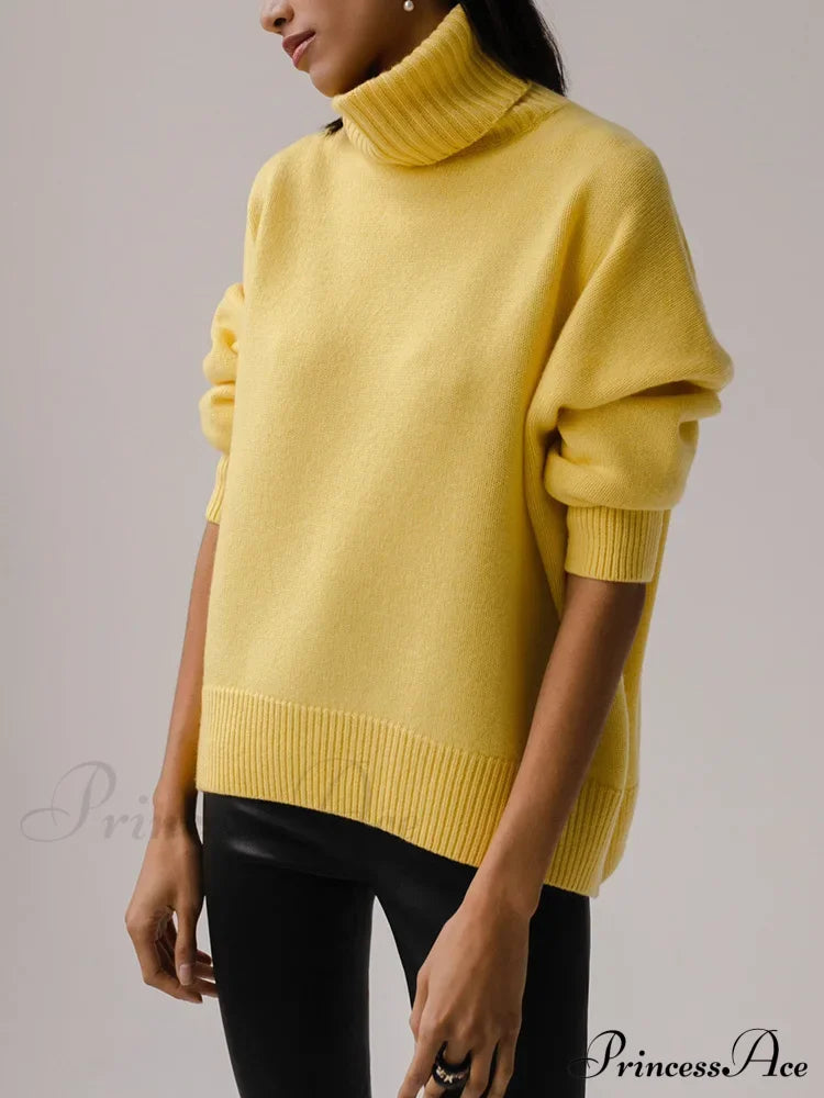 Thick Cozy Oversize Warm White High Neck Knitted Casual Comfortable Sweater Yellow / S Sweaters-L