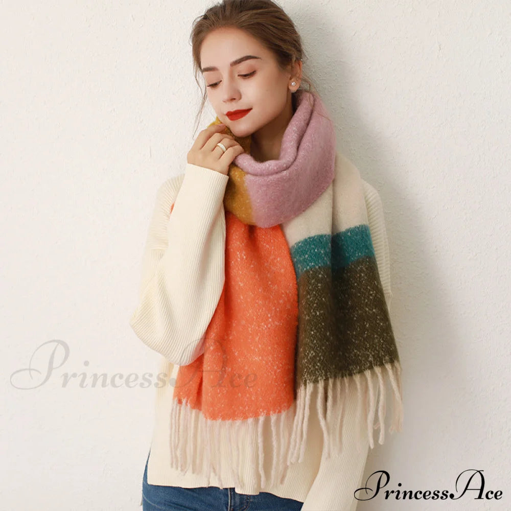 Thick Cozy Stylish Warm Trendy Classic Soft Color-Blocked Scarf