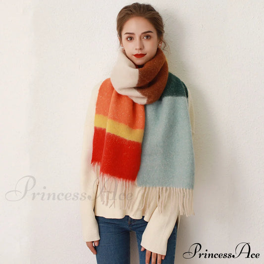 Thick Cozy Stylish Warm Trendy Classic Soft Color-Blocked Scarf Red