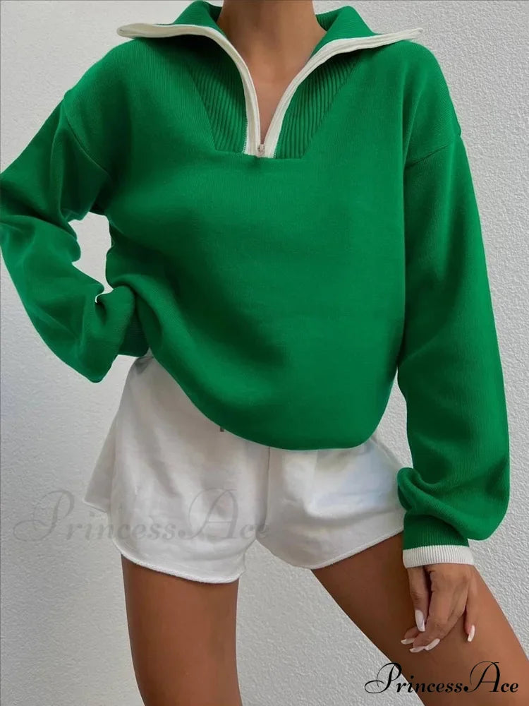 Thick Green Turtleneck Polo Zipper Casual Loose Streetwear Christmas Sweater / S Sweaters-L