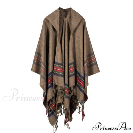 Thick Jacquard Faux Cashmere Stylish Elegant Long Warm Hooded Scarf Khaki / 130*150Cm