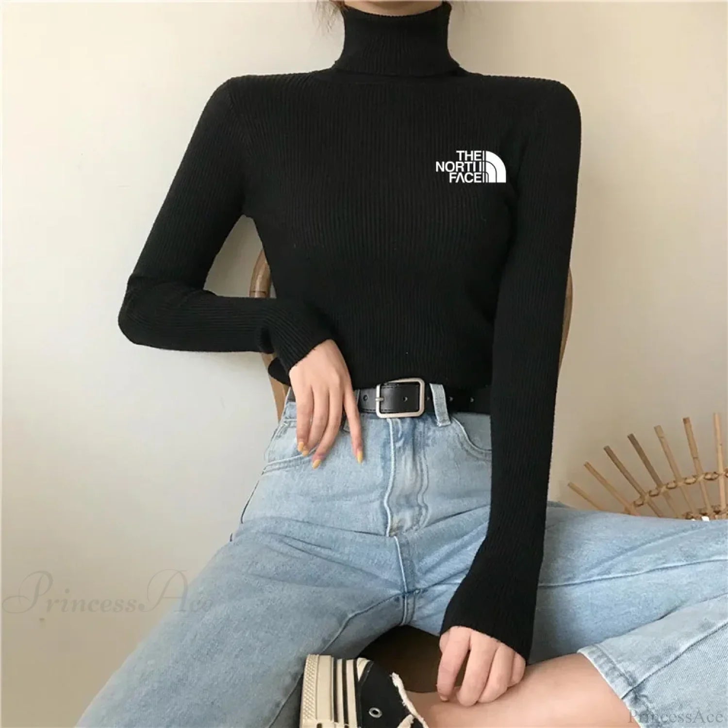 Thick Ribbed Sweater Cotton Turtleneck Knit Pullover Top Black / One Size knittop-250126