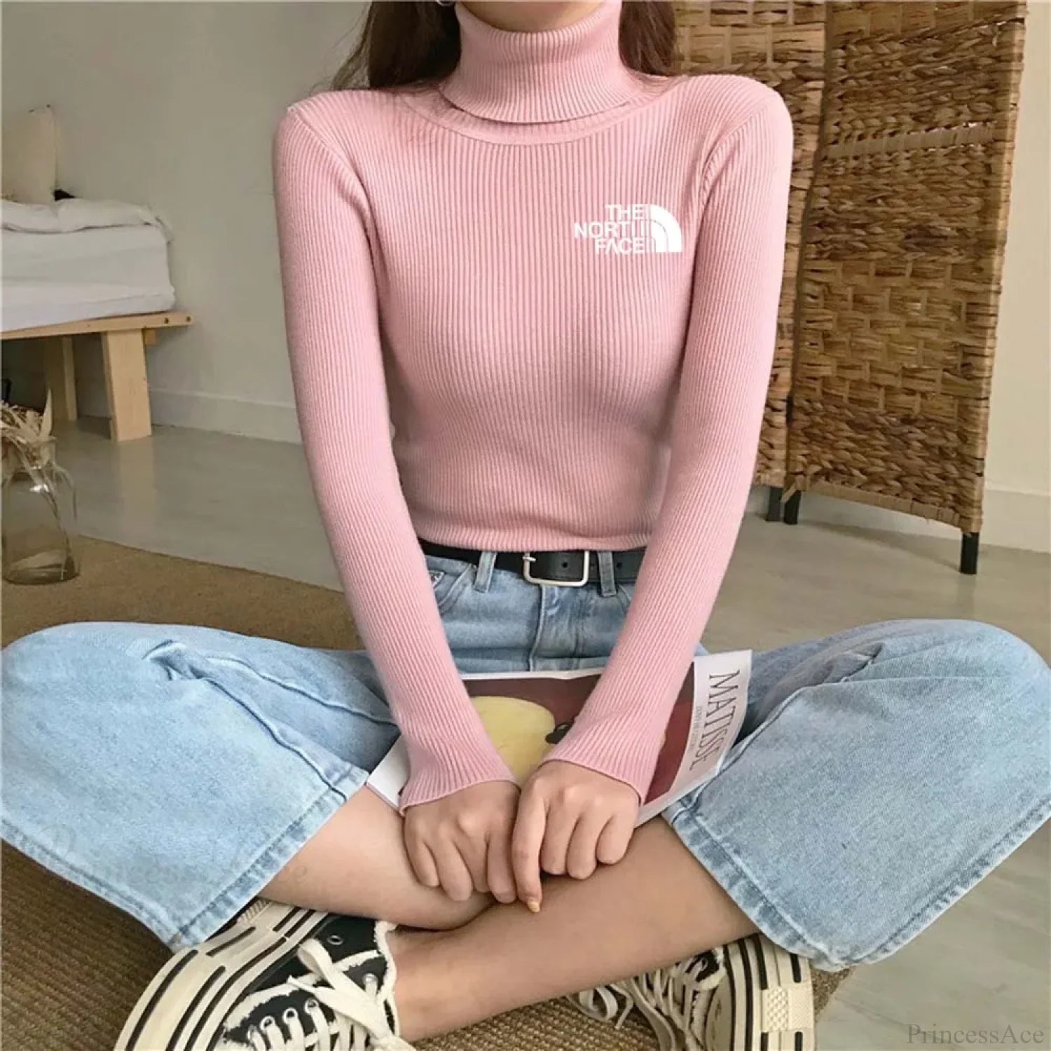 Thick Ribbed Sweater Cotton Turtleneck Knit Pullover Top pink white / One Size knittop-250126