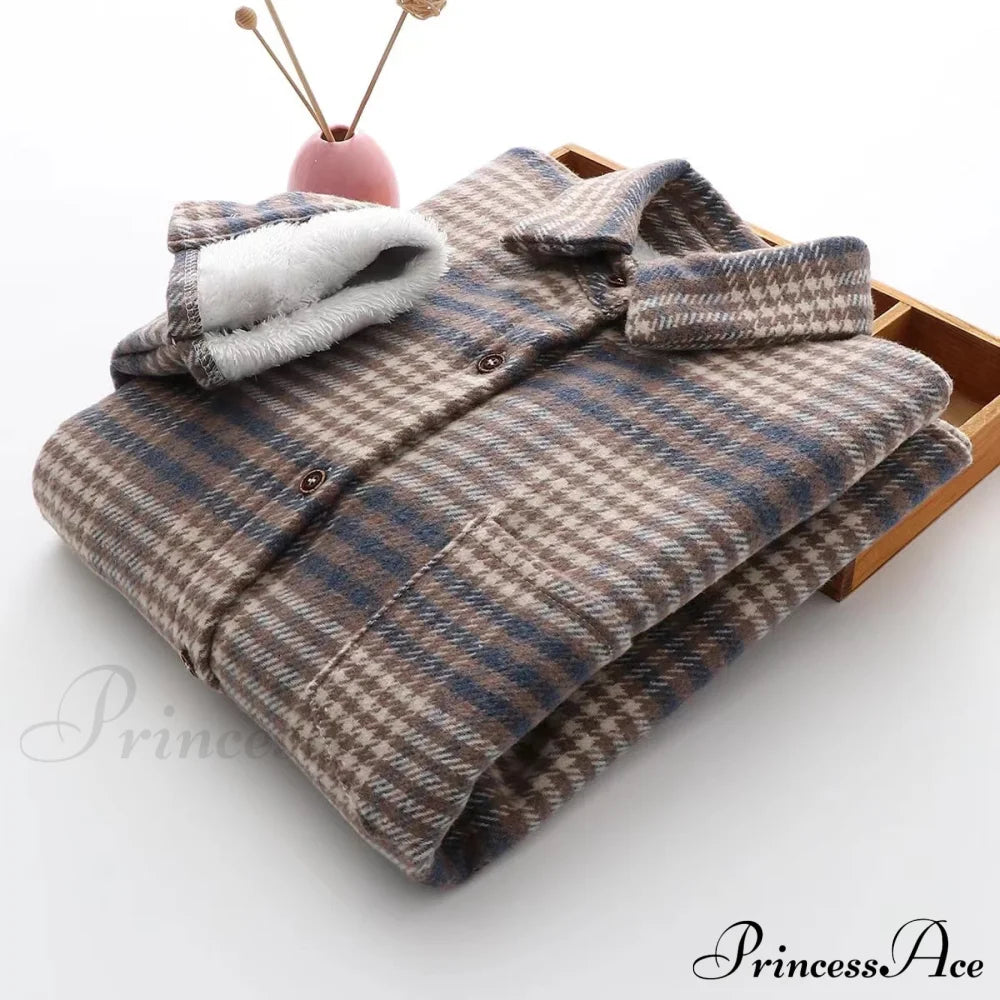 Thick Velvet Plaid Shirts Jacket Blue / S