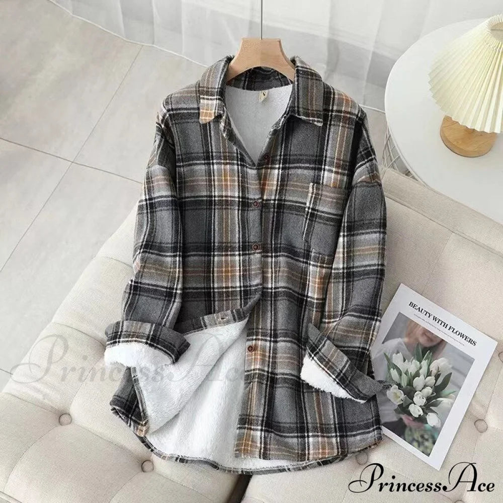 Thick Velvet Plaid Shirts Jacket Gray / S