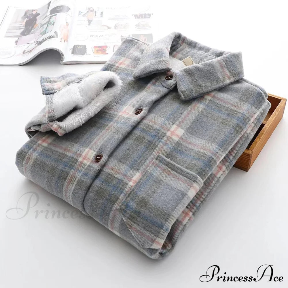 Thick Velvet Plaid Shirts Jacket Light Blue / S