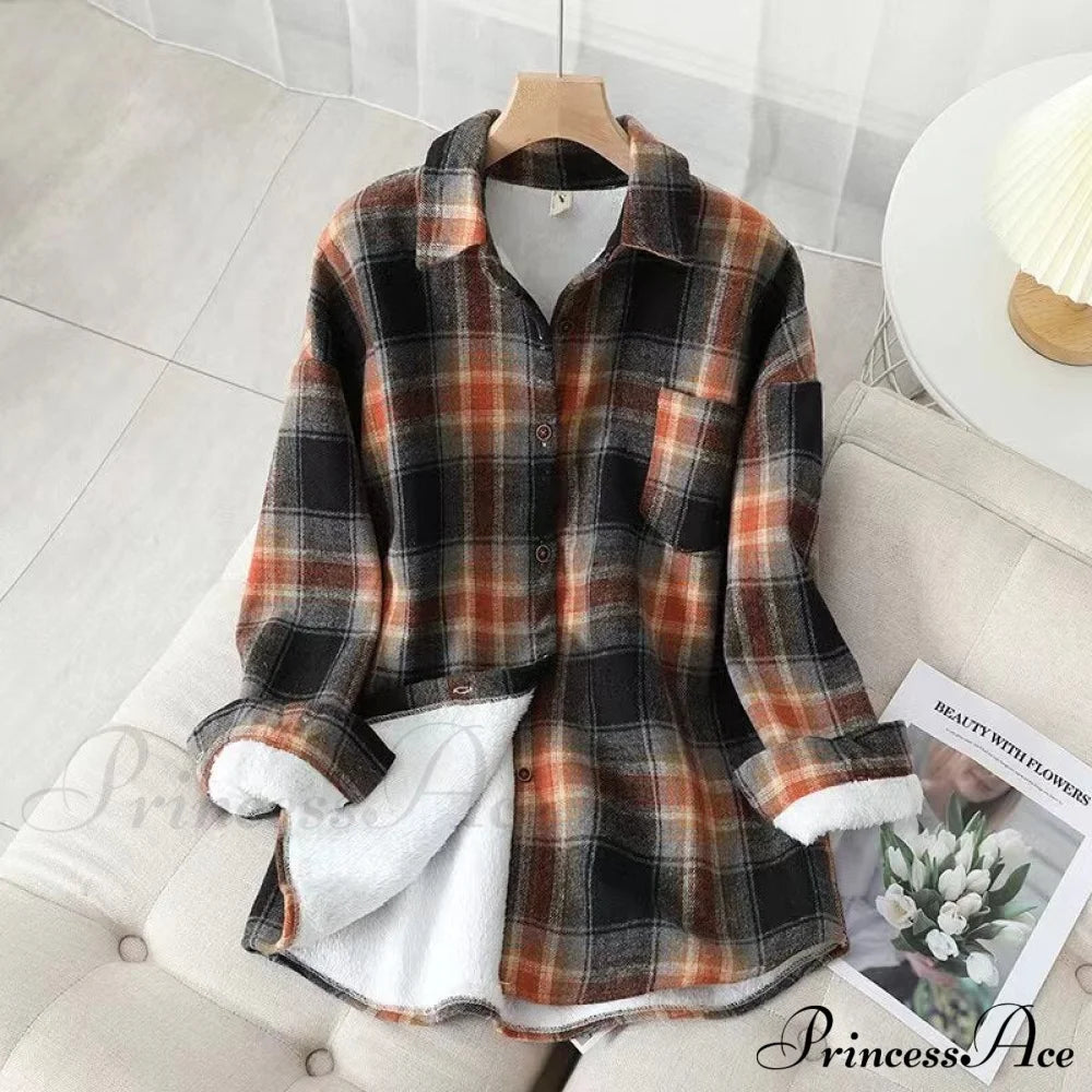 Thick Velvet Plaid Shirts Jacket Orange Black / S