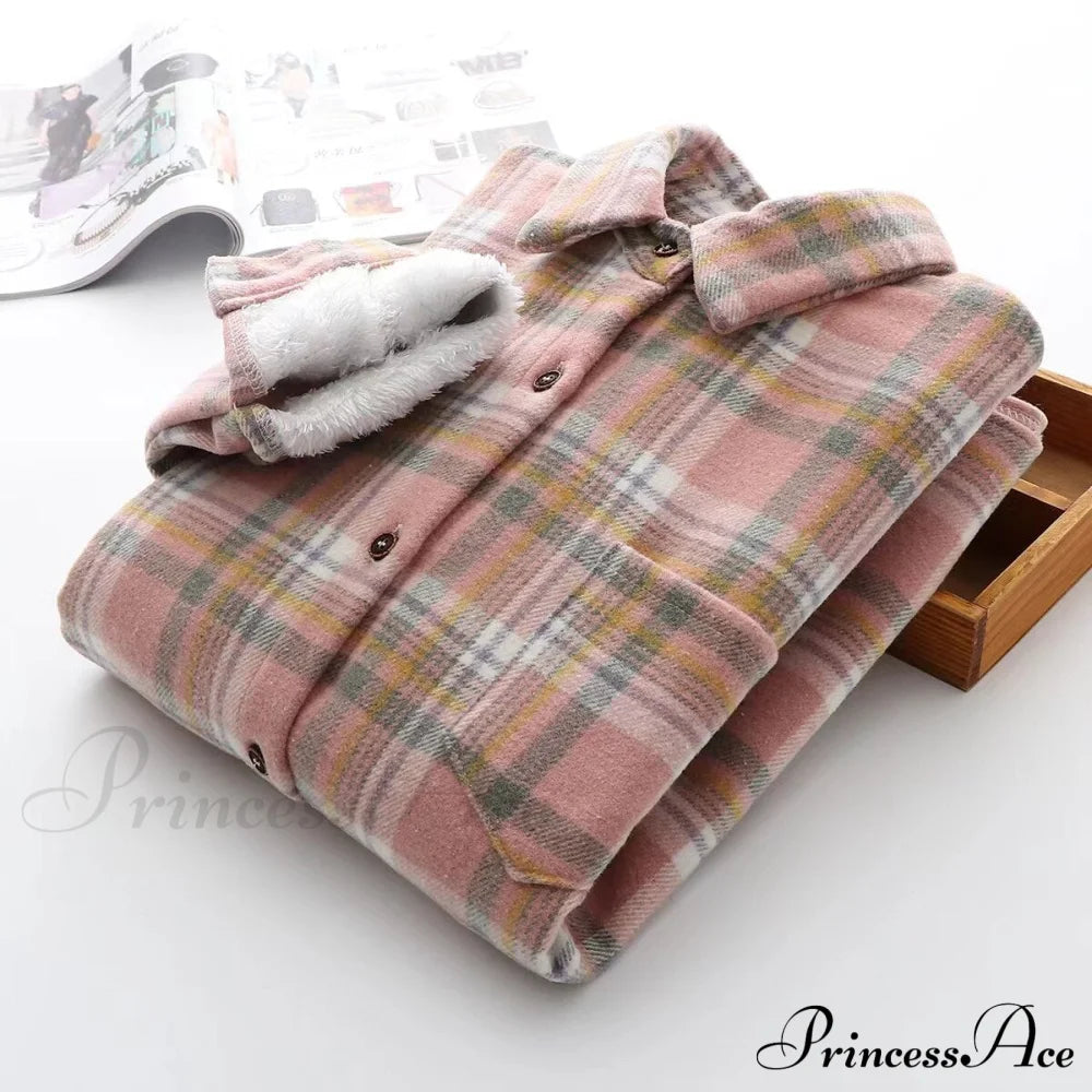 Thick Velvet Plaid Shirts Jacket Pink / S