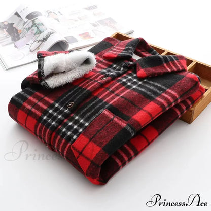 Thick Velvet Plaid Shirts Jacket Red / S